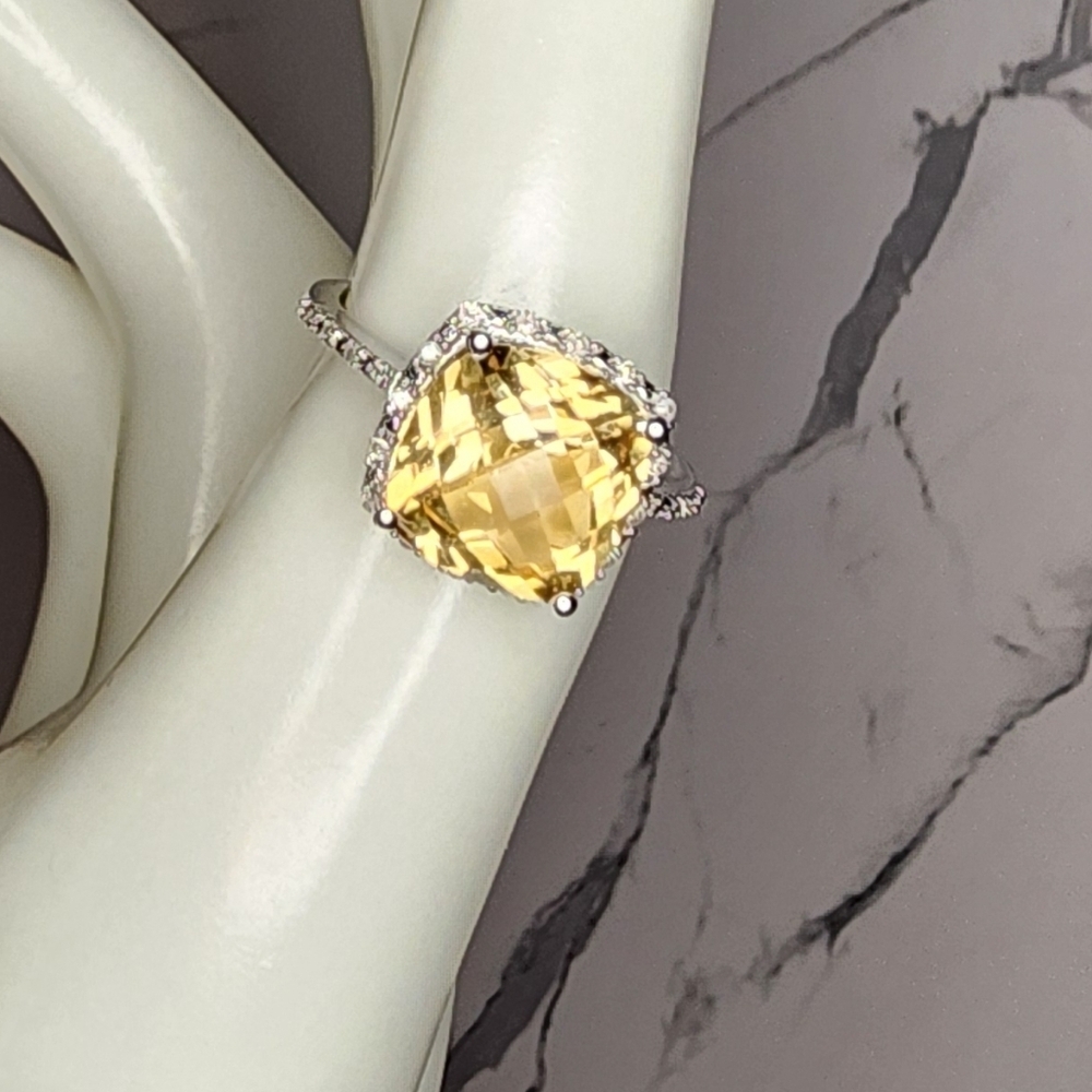 Cushion Cut Checkerboard Citrine Diamond Ring, 925 Silver